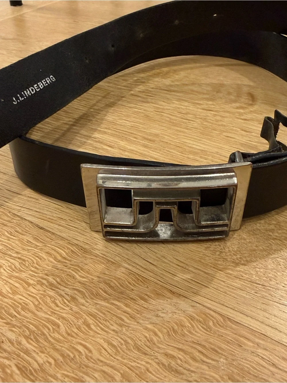 J.Lindeberg Men's Black Leather Belt with Brushed Silver Logo Buckle